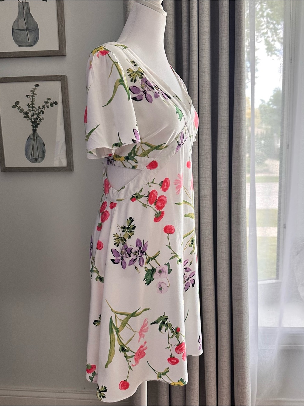 LOFT White Floral Wrap-Style Mini Dress with Pink & Green Print - Picture 2 of 8
